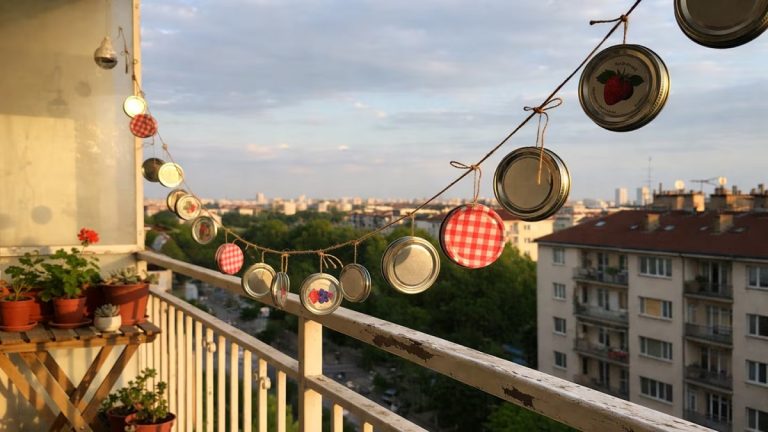 ijzeren deksels van blikken hangen op het balkon