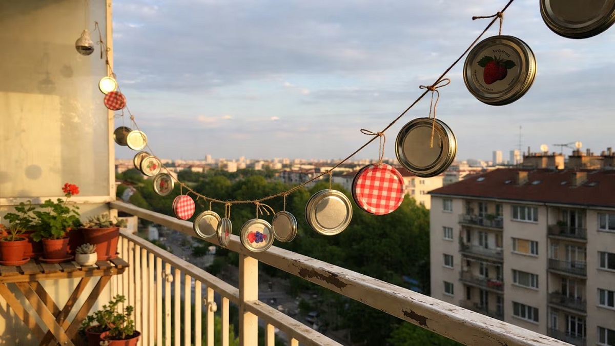 ijzeren deksels van blikken hangen op het balkon